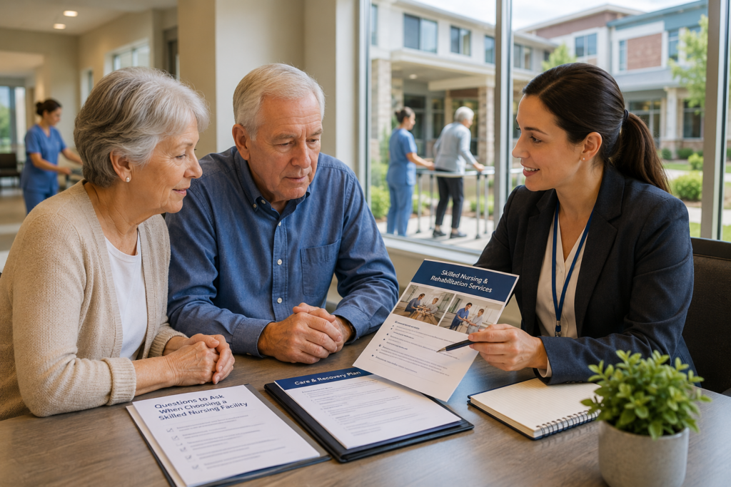 Family caregiver discussing a skilled nursing facility after a hospital stay with a discharge planner.