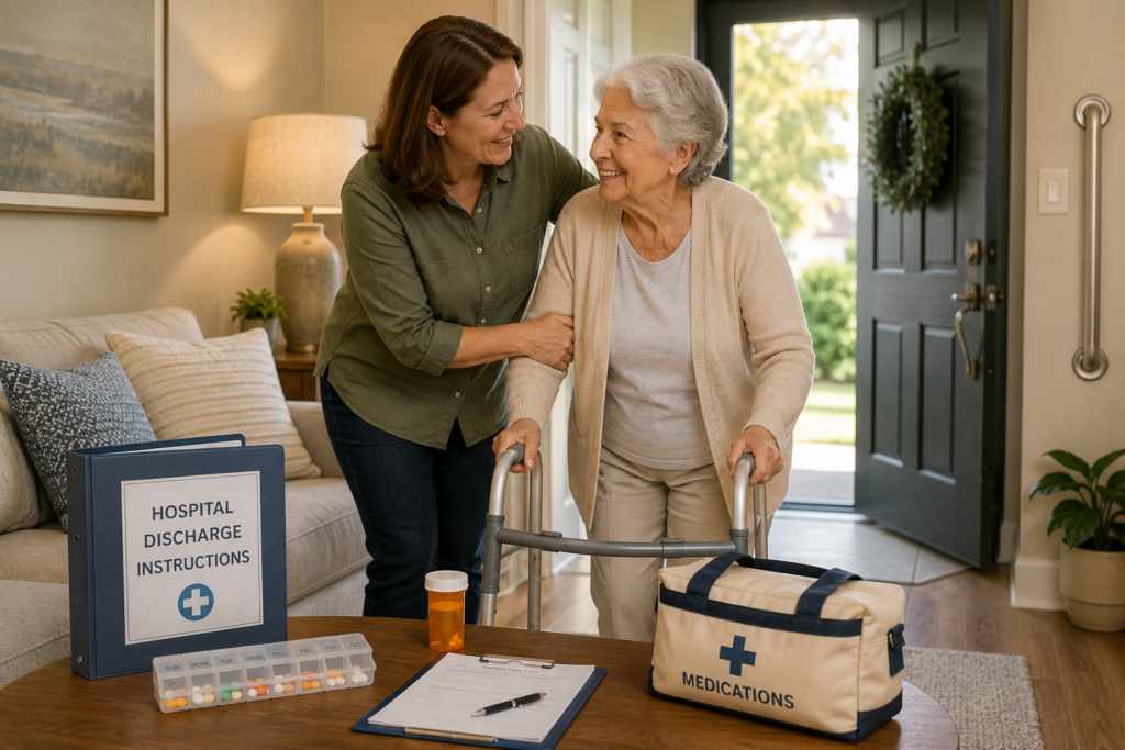 Family caregiver helping an older adult return home safely after a hospital stay with discharge paperwork and medications.
