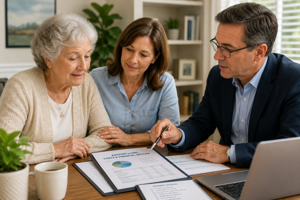 How to Pay for Assisted Living: adult daughter and elderly mother meeting with a financial advisor