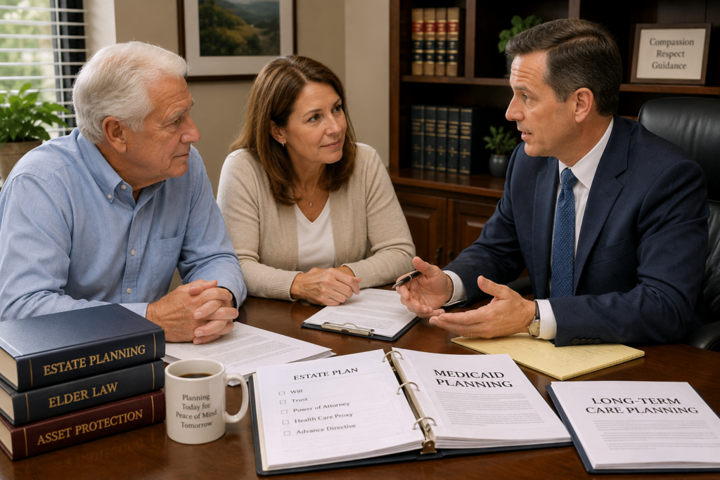 Questions to Ask Before Hiring an Elder Law Attorney during a family consultation with an older adult, caregiver, and attorney