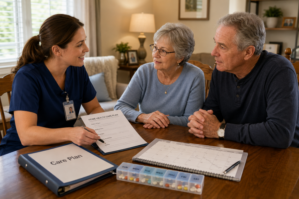 Family learning how to choose a home health care agency after a hospital stay