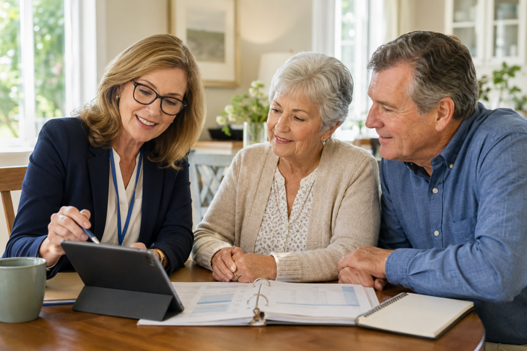 A geriatric care manager meeting with an older adult and family to discuss care planning.