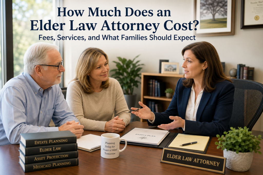 Elder Law Attorney Cost consultation between an older adult, family caregiver, and experienced attorney discussing estate planning and long-term care options.