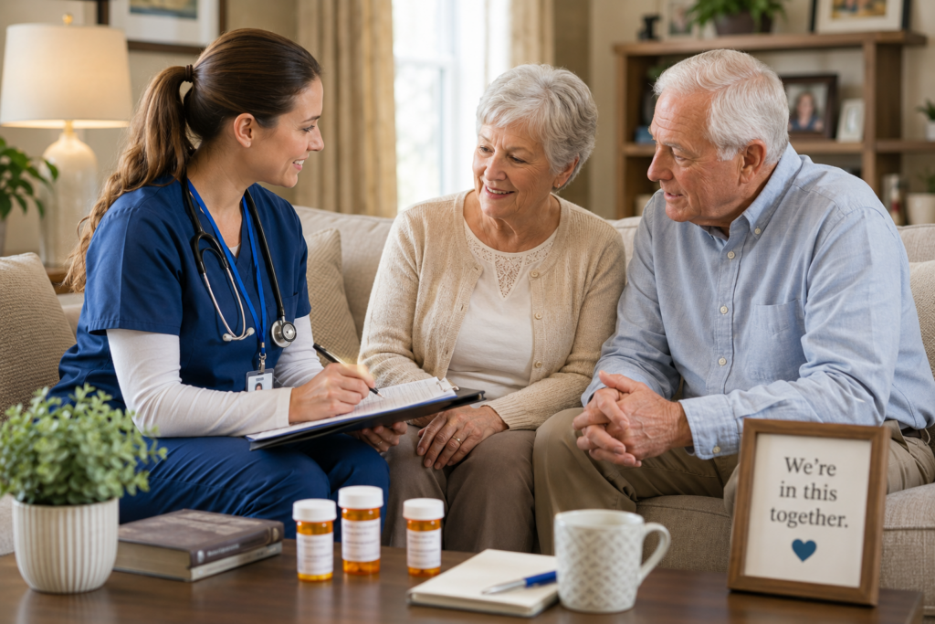Home health nurse reviewing a care plan with an older adult and family caregiver.