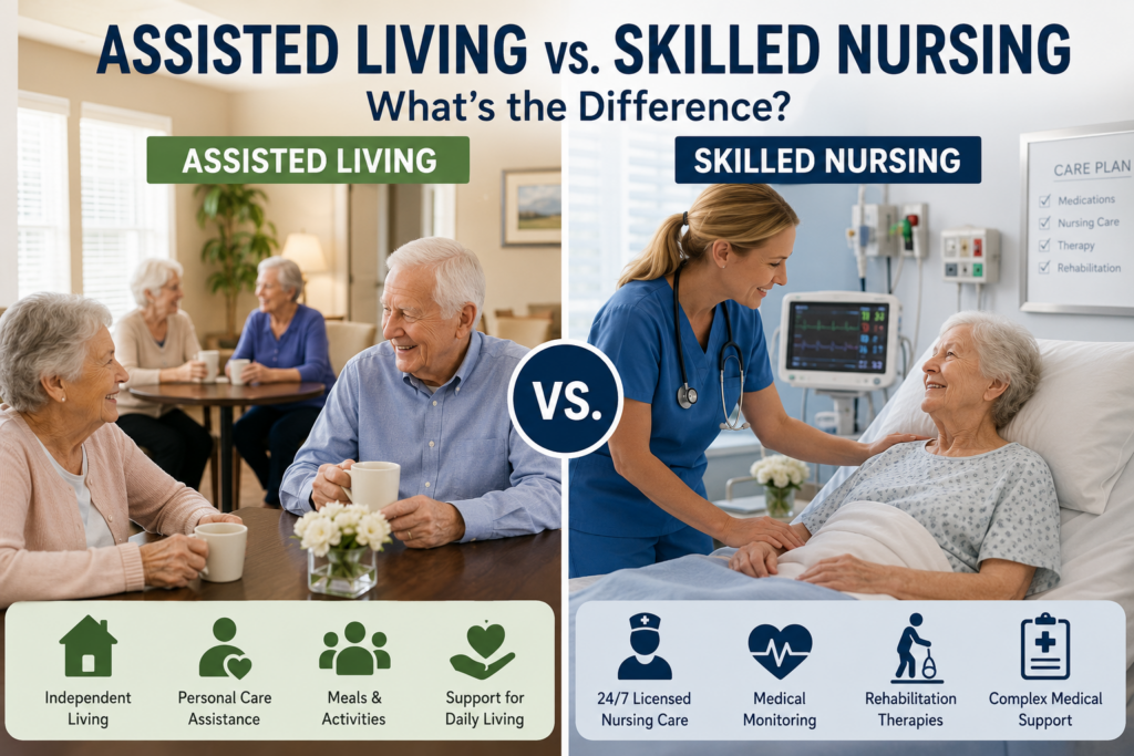 Assisted living vs skilled nursing comparison showing different levels of senior care and medical support