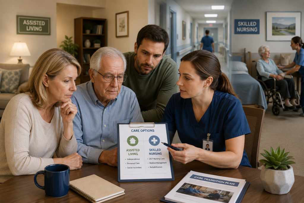 When to move from assisted living to skilled nursing illustrated by a family meeting with healthcare professionals discussing senior care options.