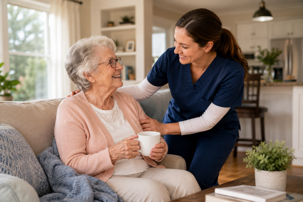 Older adult receiving in-home senior care from a caregiver