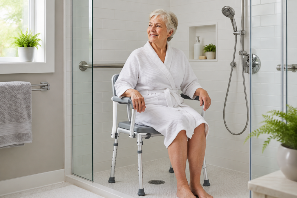 Senior using a shower chair in a safe accessible bathroom