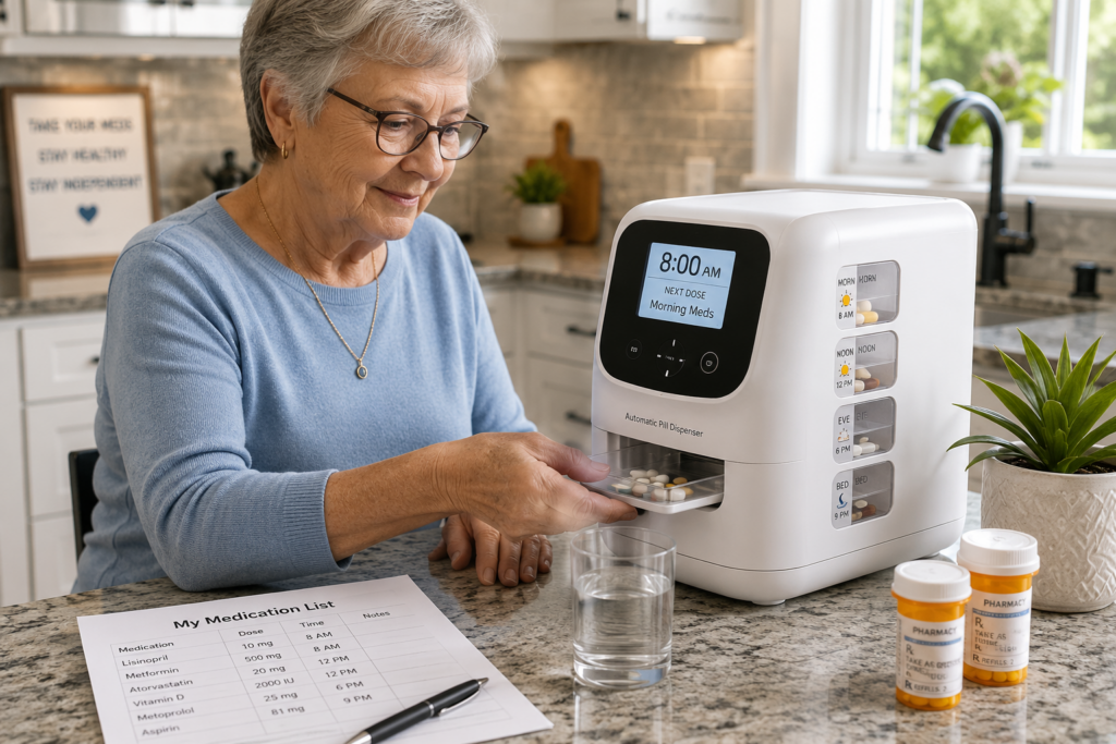Automatic pill dispensers for seniors on a kitchen counter