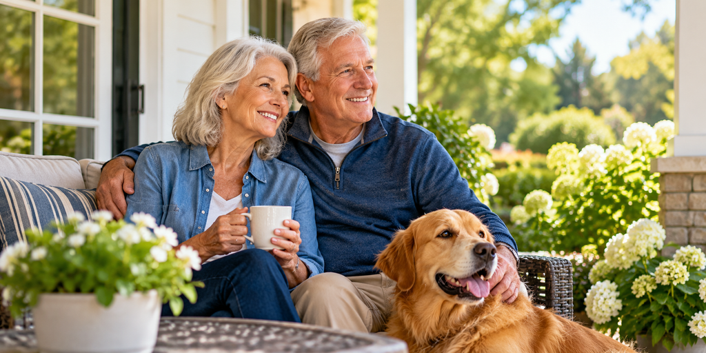 Older couple enjoying independent living at home with their dog